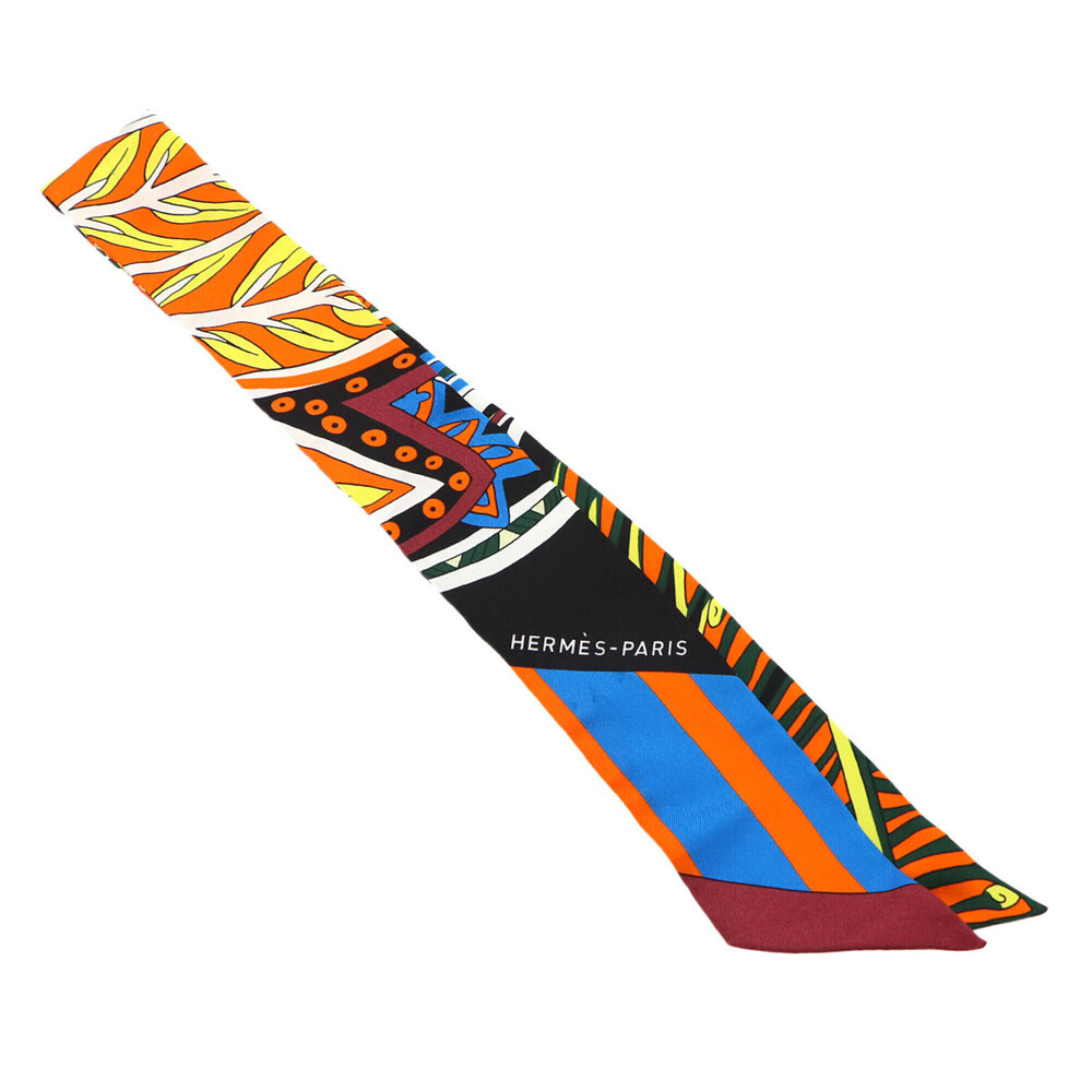 Hermes Twilly Scarf, 100% Silk, Maharani's Garden, Orange Multicolor Doll Scarf
